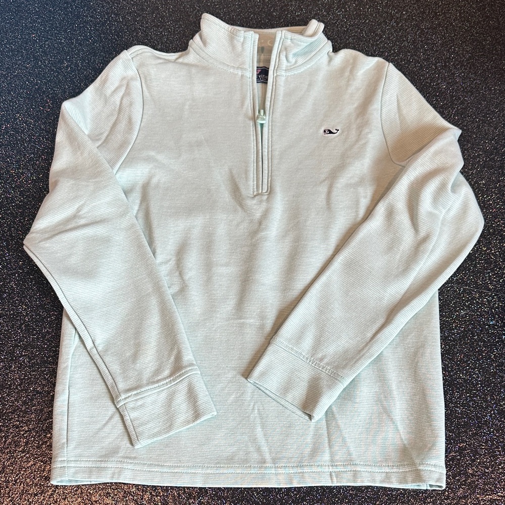 Boy’s Soft Green + White Stripe Quarter-Zip Sweater, 12-14